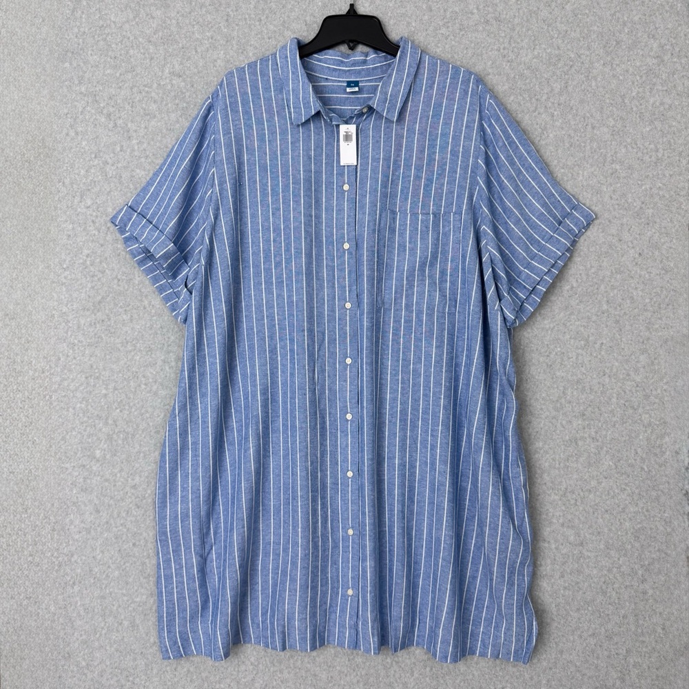 Old Navy Shirt Dress Womens 3X Blue Striped Button Up Beach Boho Lagenlook Linen